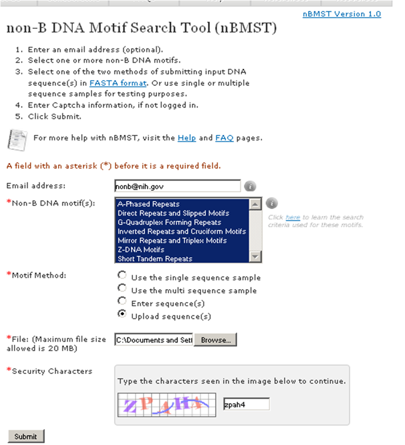 a screenshot of non-B Motif Search Tools