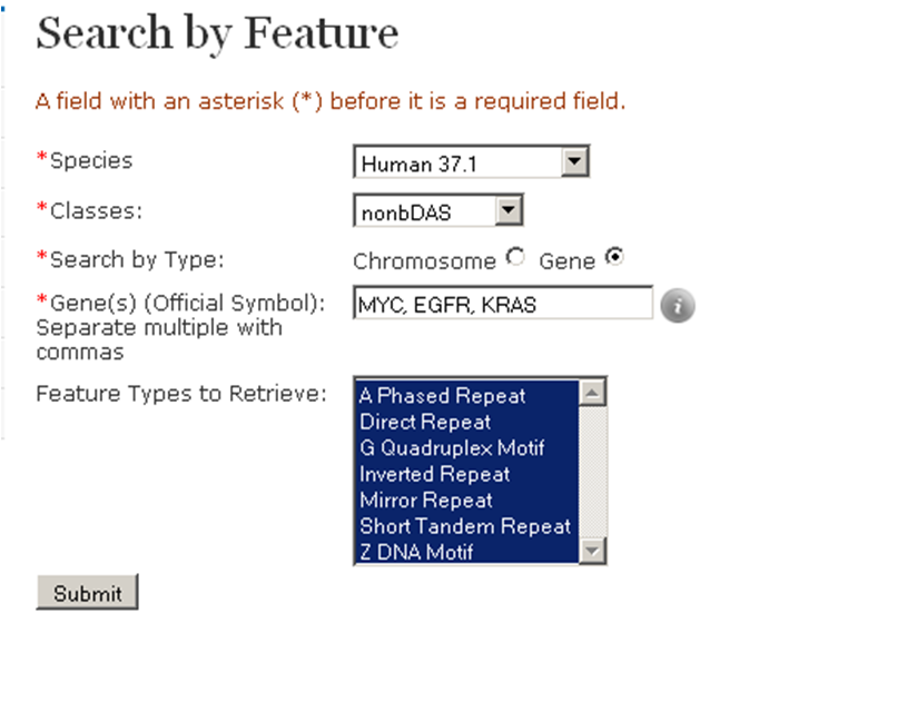 a screenshot of non-B DB Genomic Database Search Tools